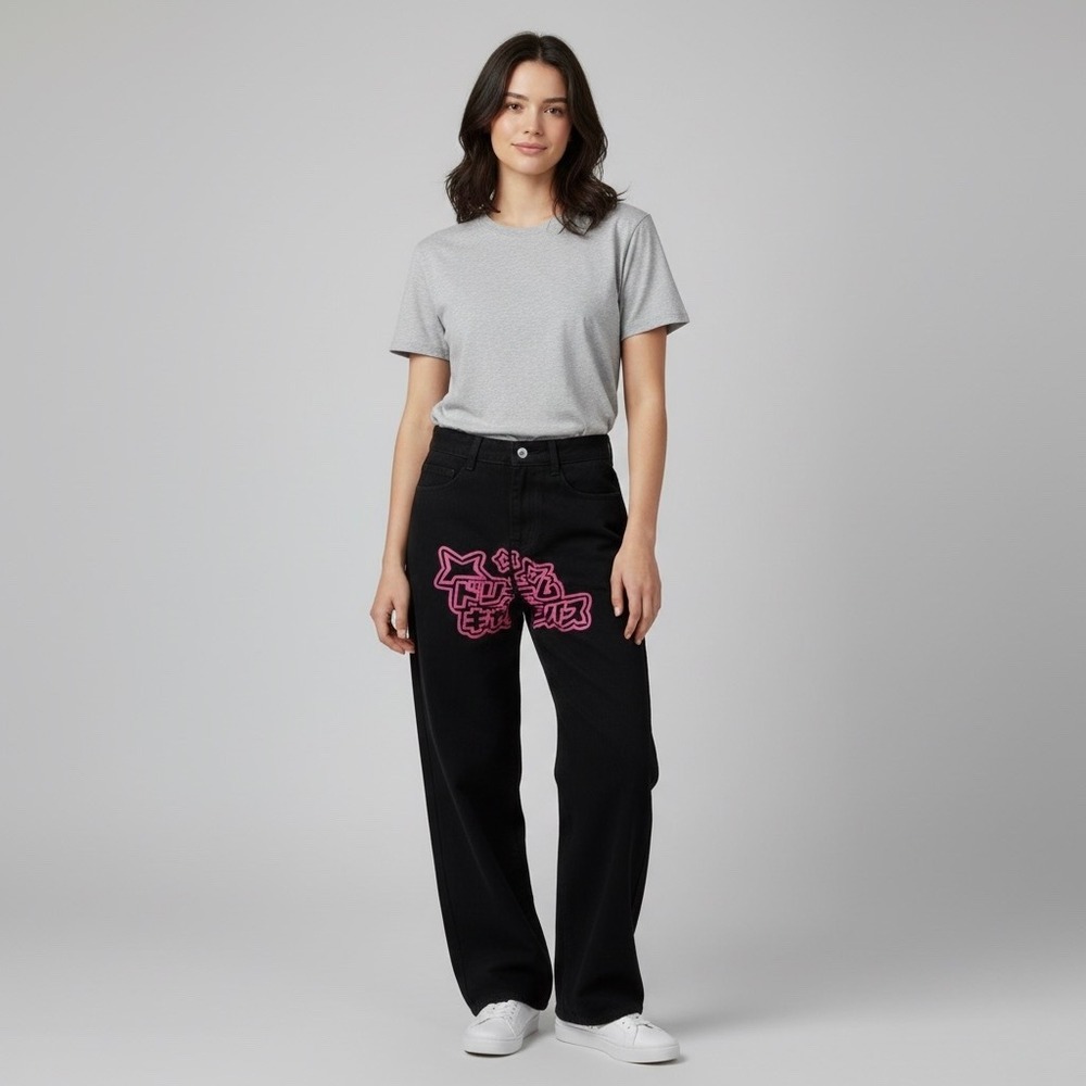 SANTO Black Jeans Wide Leg Star Heart Graphic Print Pants Size S Anime Manga‎